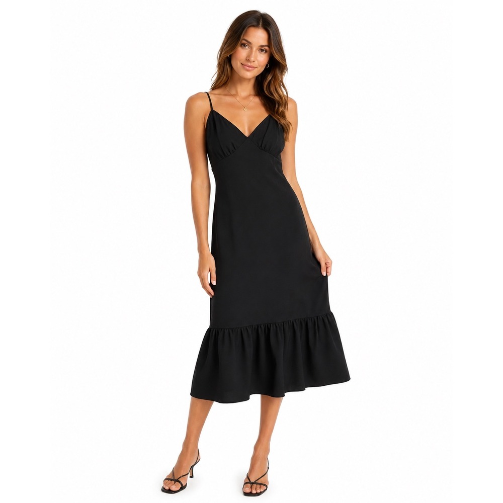 Michael Michael Kors Black V-Neck Ruffle Hem Midi Dress MS98YR9B4J Small NWT